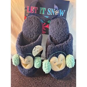 Navy Blue Penguin Sherpa Slippers Women Large 9-10 Holiday Gift Set Mint Green